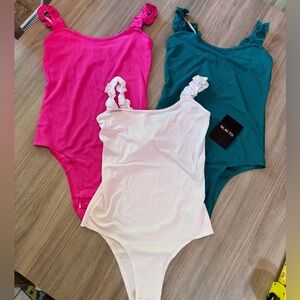 Women's Ruffled Strap Bodysuit - Pink, Teal, and White